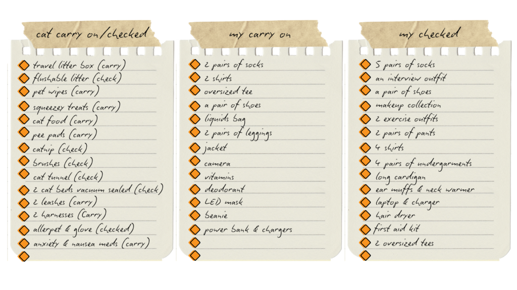 list of items for checked and carry on bags. cat carry on/checked
my carry on
my checked
• travel litter box (carry)
2 pairs of socks
5 pairs of socks
• Flushable litter (check)
2 shints
an interview outfit
• pet wipes (carry)
oversized tee
a pair of shoes
> squeezer treats (carry)
a pair of shoes
makeup collection
cat food (carry)
liquids Sa
2 exercise outfits
pee pads (carry)
2 pairs of leggings
2 pairs of pants
catnip (check)
jacket
4 shirts
Grushes (check)
camera
4 pains of undergarments
cat tunnel (check)
vitamins
long cardigan
• 2 cat Seds vacuum sealed (check)
deodorant
ear mutts & neck warmer
• 2 leashes (carry)
LED mask
laptop &e charger
• 2 harnesses (Carry)
Seanie
Lair dryer
O allerpet &e glove (checked)
O power Sank &e chargers
first aid kit
anxiety & nausea meds (carry)

2 oversized tees